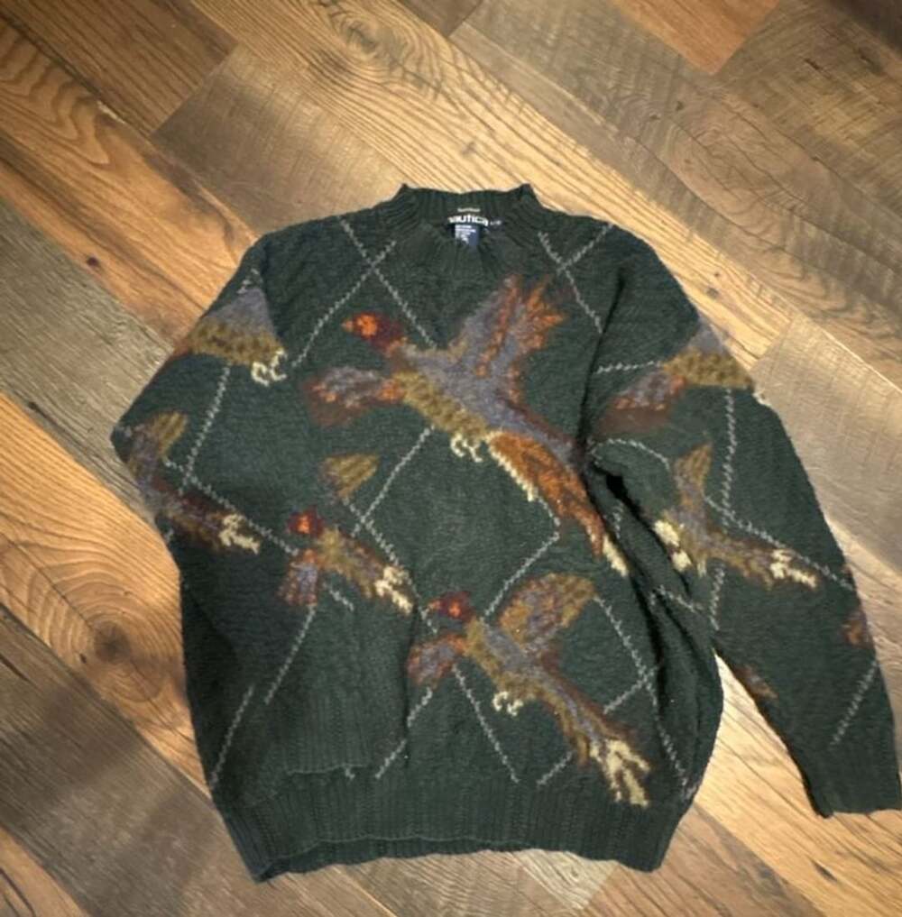 Nautica Handknit vintage  Pheasant Bird Sweater Size L Green AOP